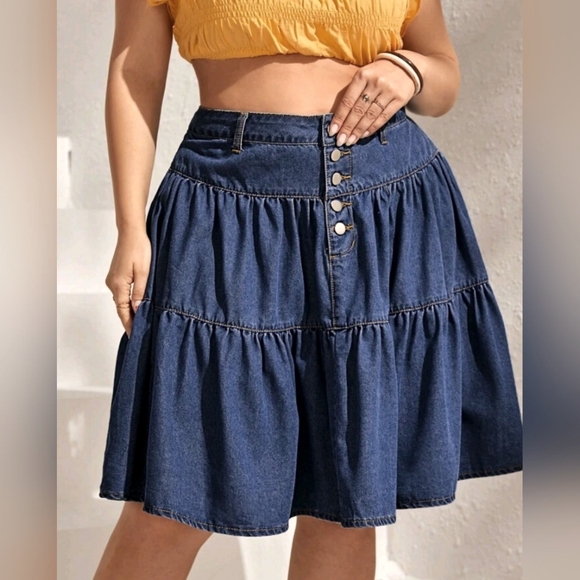 Plus Button Front Ruffle Hem Denim Skirt - Picture 3 of 5